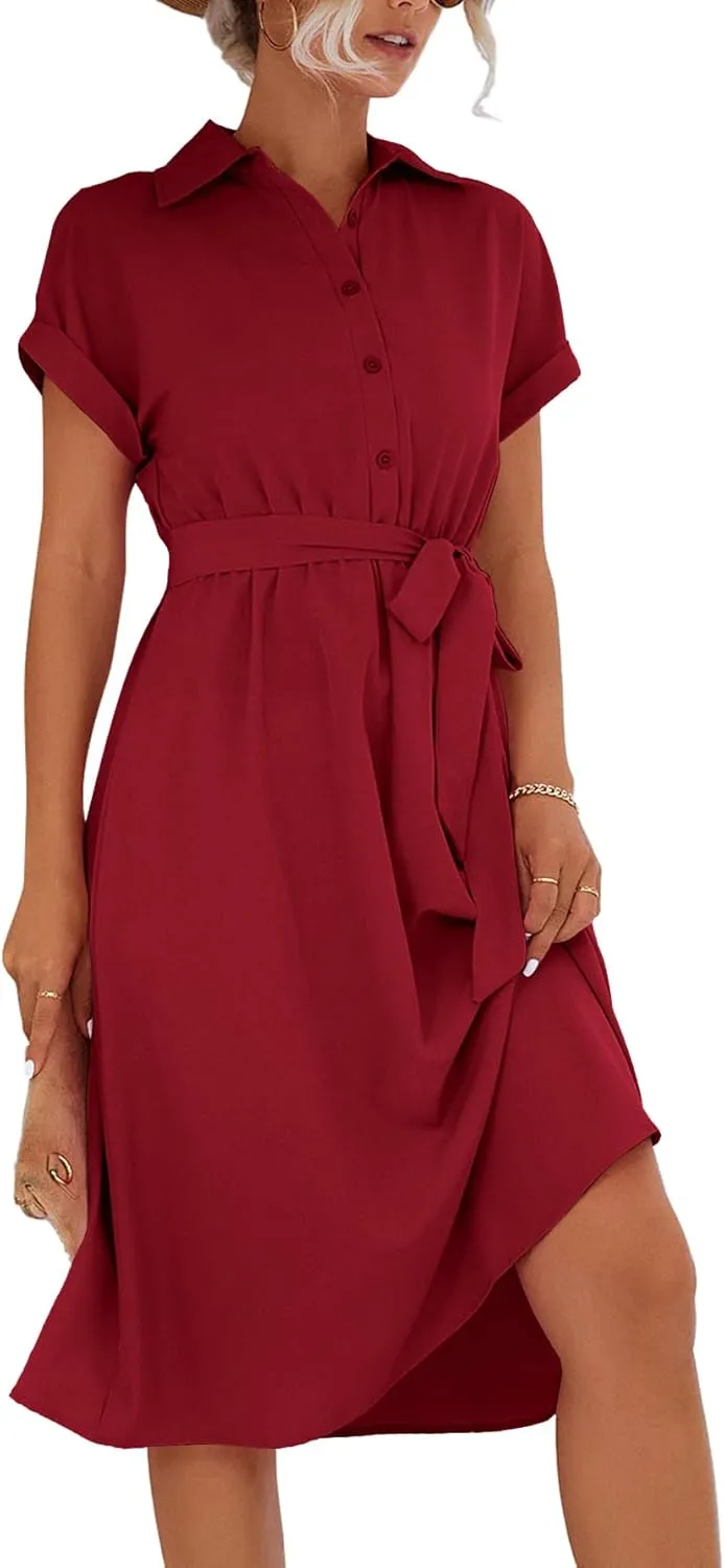 LYANER Women's Collar V Neck Button Front Tie Waist Short Sleeve Ruffle Hem Midi Dress