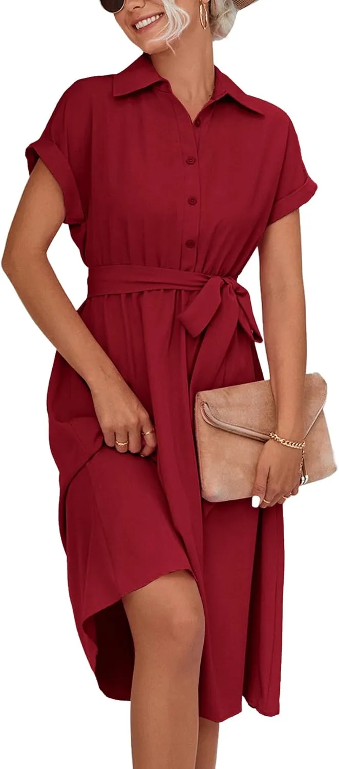 LYANER Women's Collar V Neck Button Front Tie Waist Short Sleeve Ruffle Hem Midi Dress