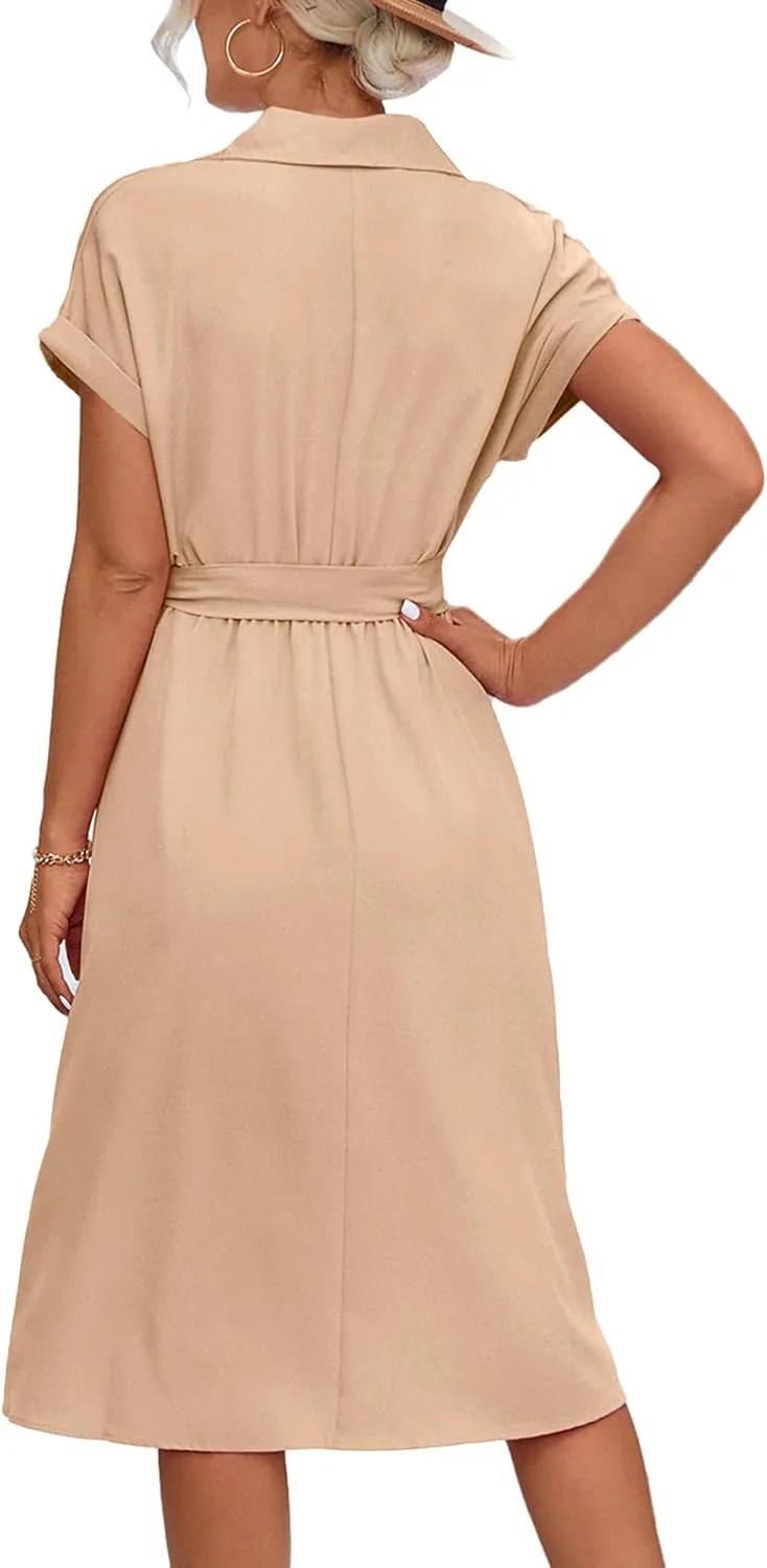 LYANER Women's Collar V Neck Button Front Tie Waist Short Sleeve Ruffle Hem Midi Dress