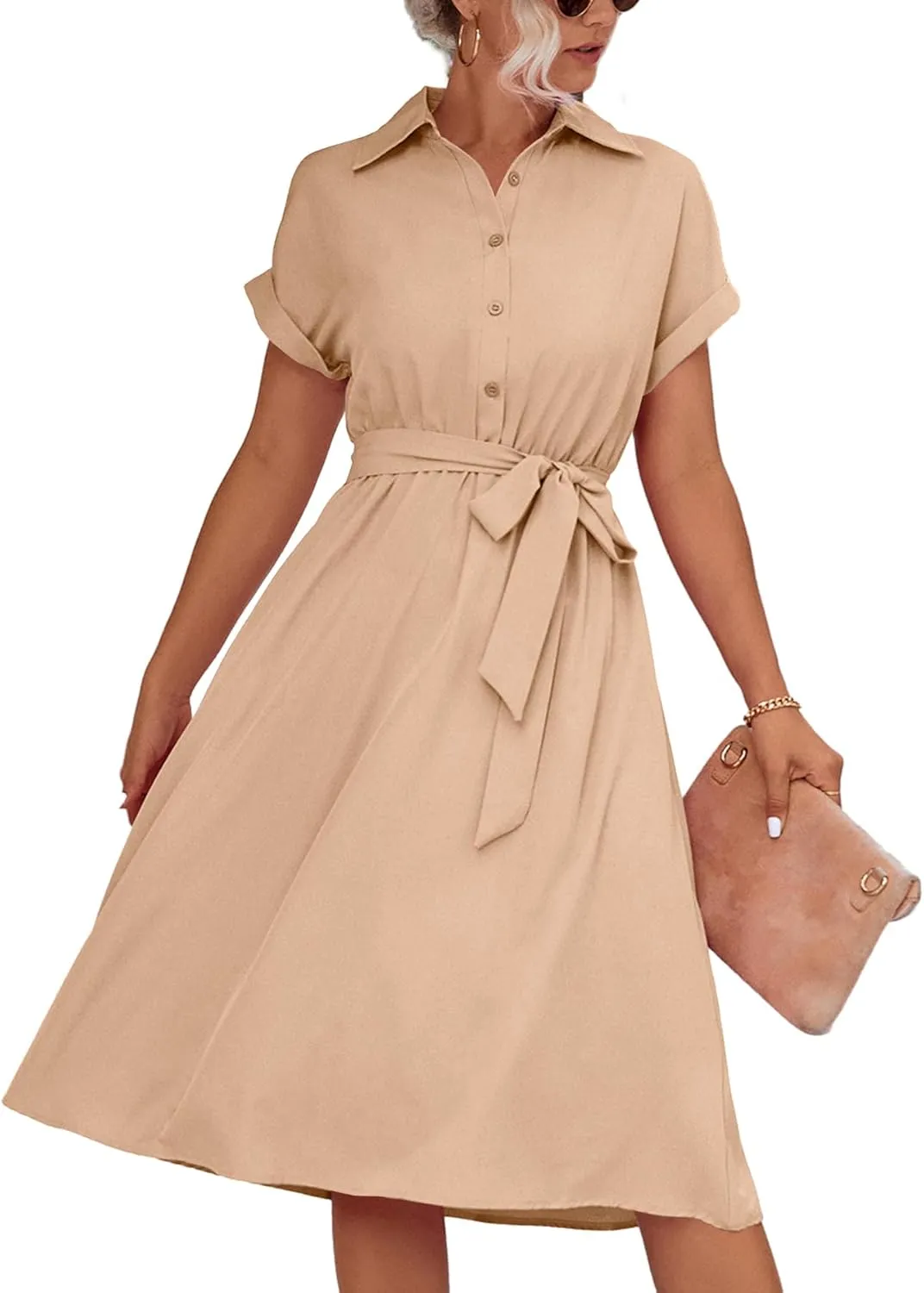 LYANER Women's Collar V Neck Button Front Tie Waist Short Sleeve Ruffle Hem Midi Dress