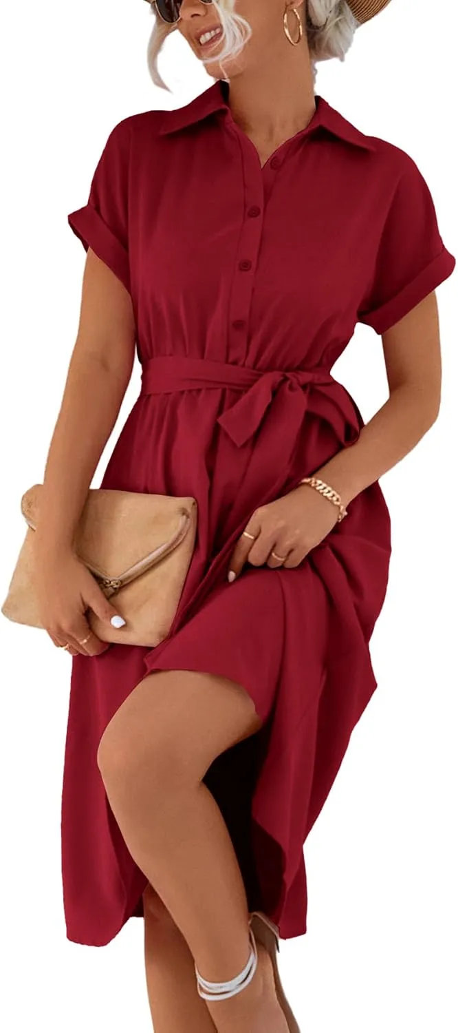 LYANER Women's Collar V Neck Button Front Tie Waist Short Sleeve Ruffle Hem Midi Dress