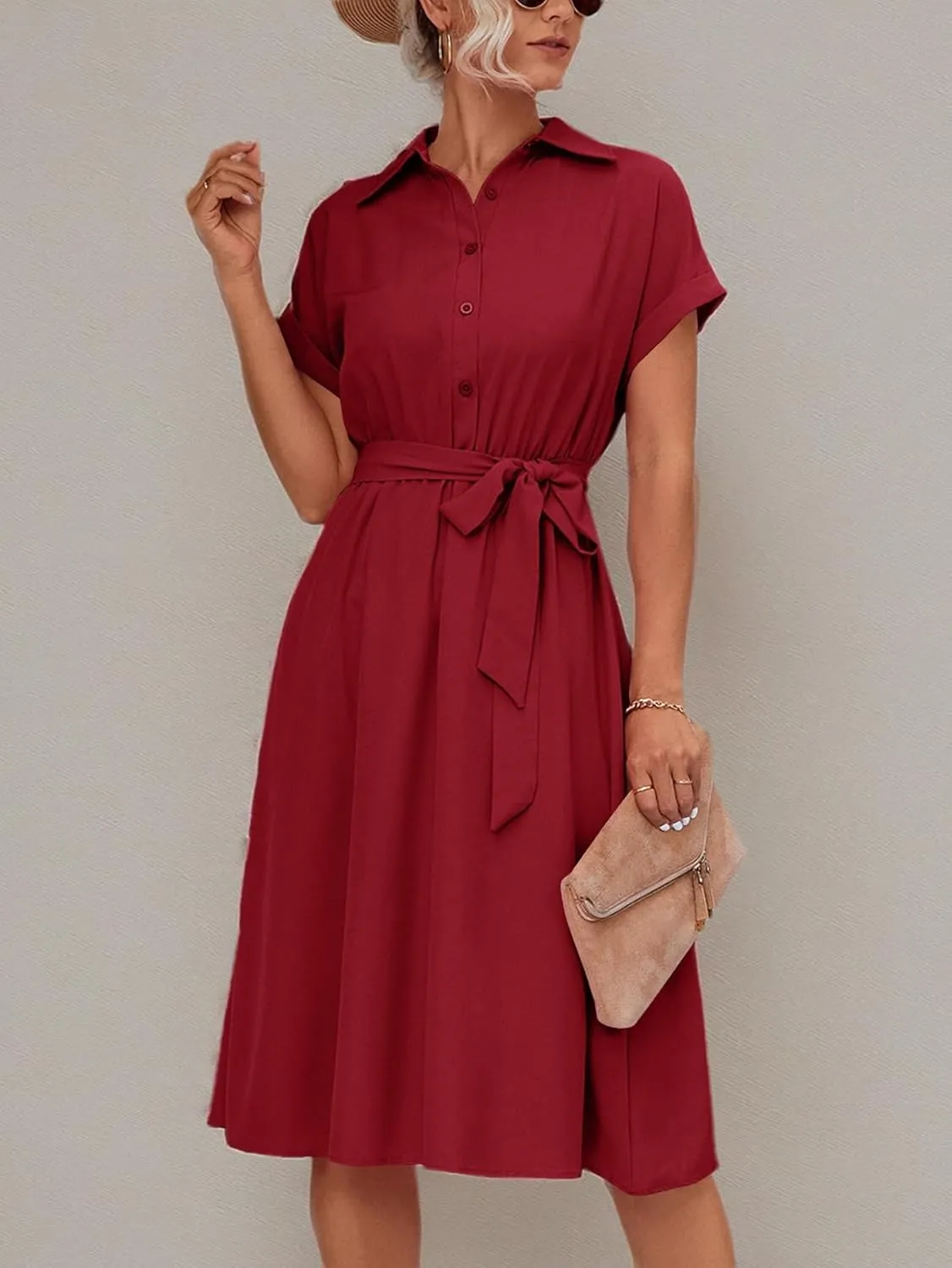 LYANER Women's Collar V Neck Button Front Tie Waist Short Sleeve Ruffle Hem Midi Dress