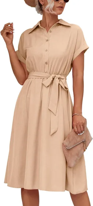 LYANER Women's Collar V Neck Button Front Tie Waist Short Sleeve Ruffle Hem Midi Dress