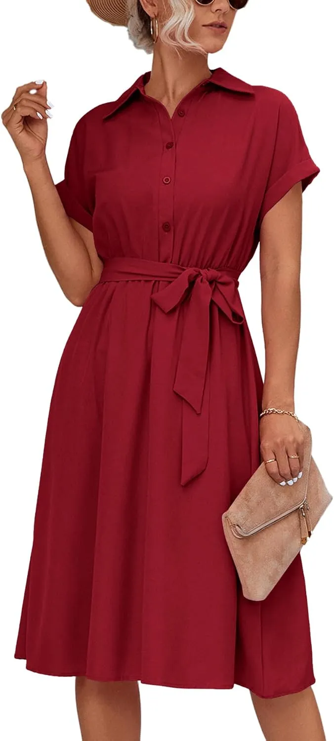 LYANER Women's Collar V Neck Button Front Tie Waist Short Sleeve Ruffle Hem Midi Dress