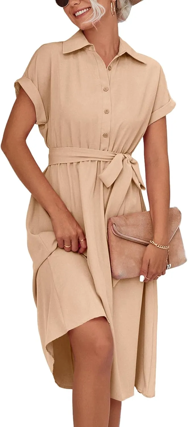 LYANER Women's Collar V Neck Button Front Tie Waist Short Sleeve Ruffle Hem Midi Dress