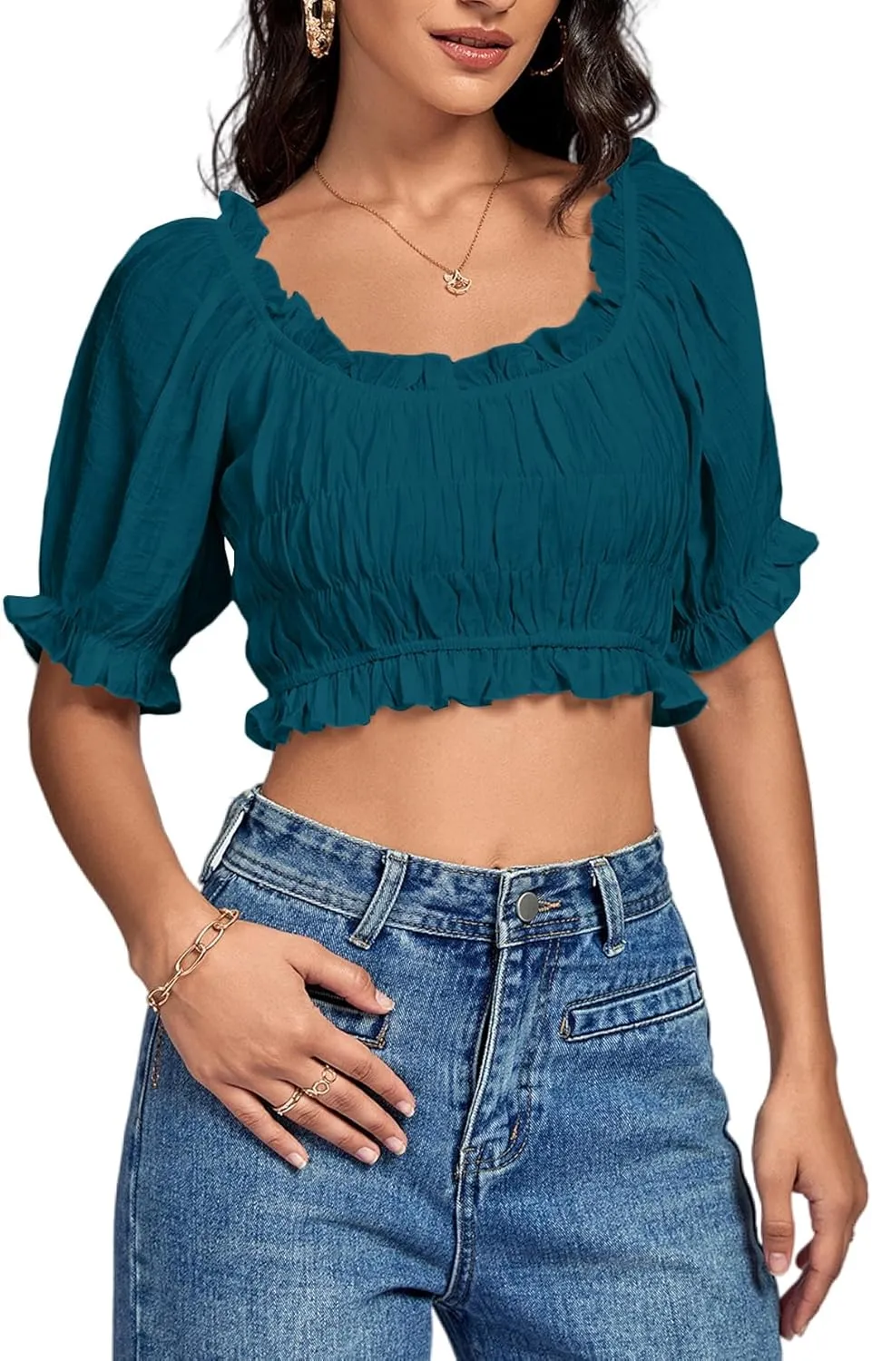 LYANER Women's Off Shoulder Ruffle Trim Ruched Short Sleeve Blouse Crop Top