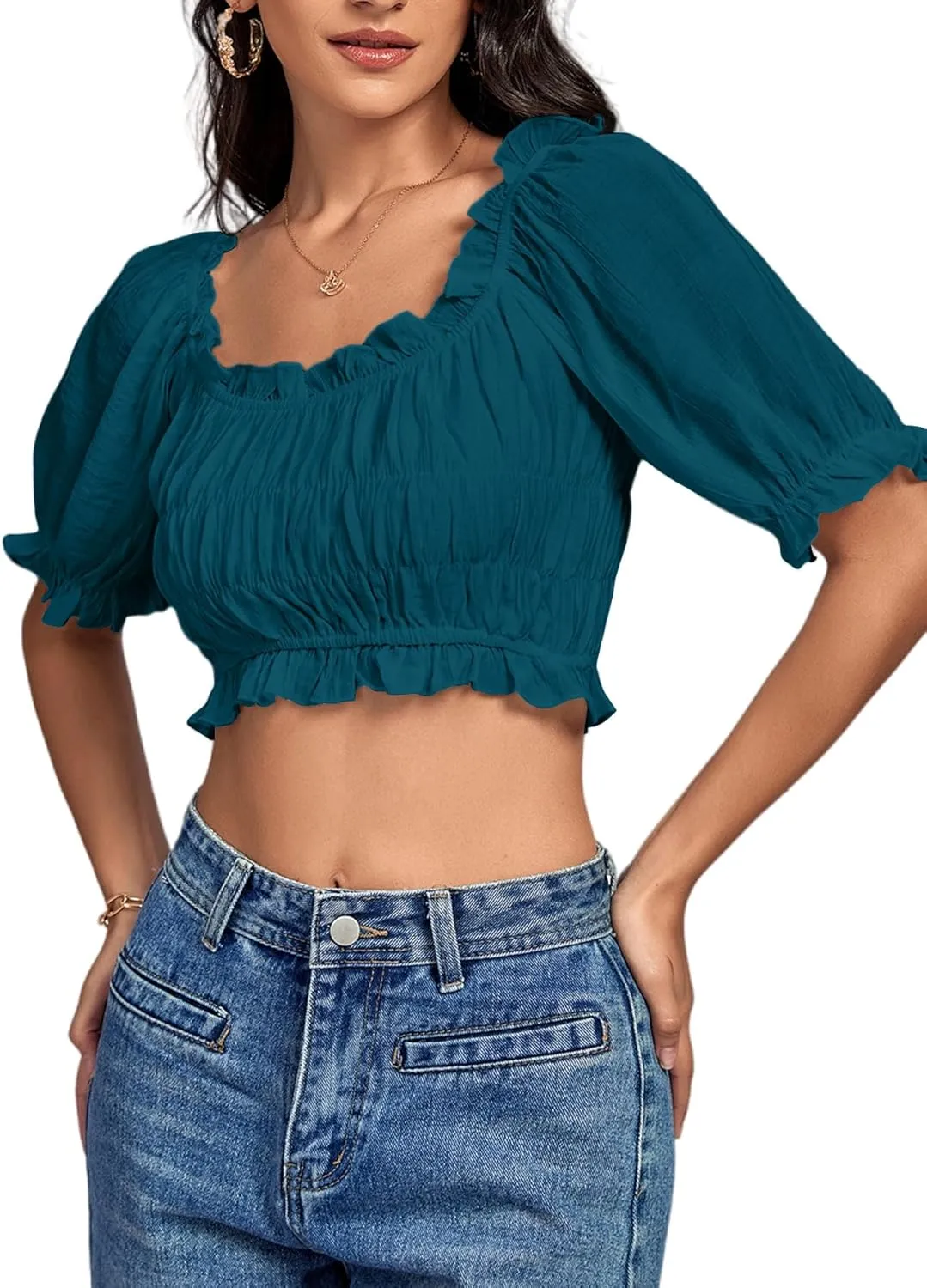 LYANER Women's Off Shoulder Ruffle Trim Ruched Short Sleeve Blouse Crop Top