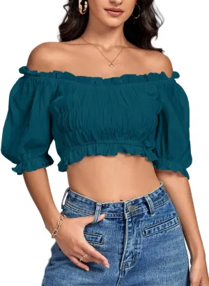 LYANER Women's Off Shoulder Ruffle Trim Ruched Short Sleeve Blouse Crop Top
