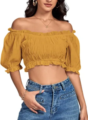 LYANER Women's Off Shoulder Ruffle Trim Ruched Short Sleeve Blouse Crop Top