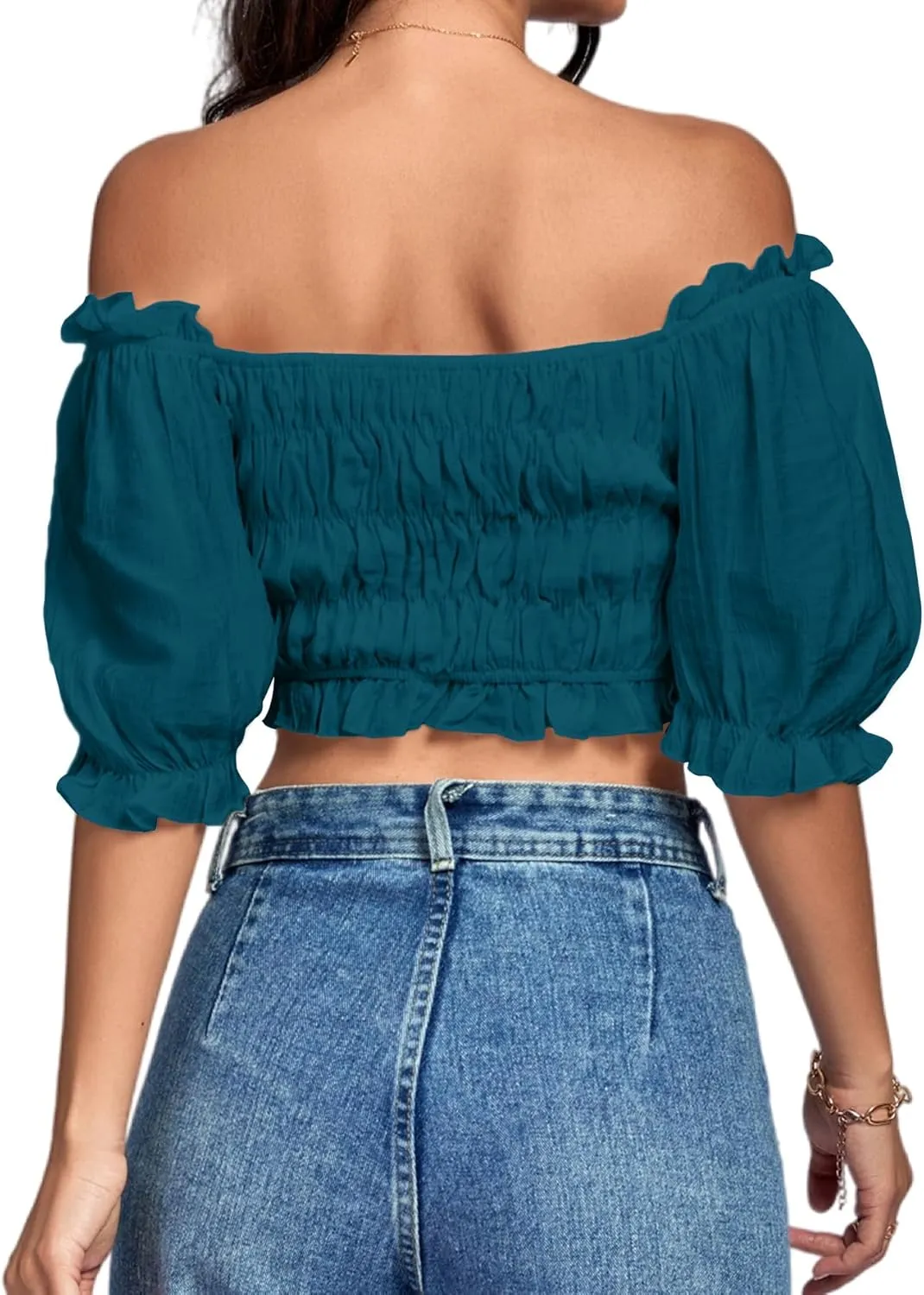 LYANER Women's Off Shoulder Ruffle Trim Ruched Short Sleeve Blouse Crop Top