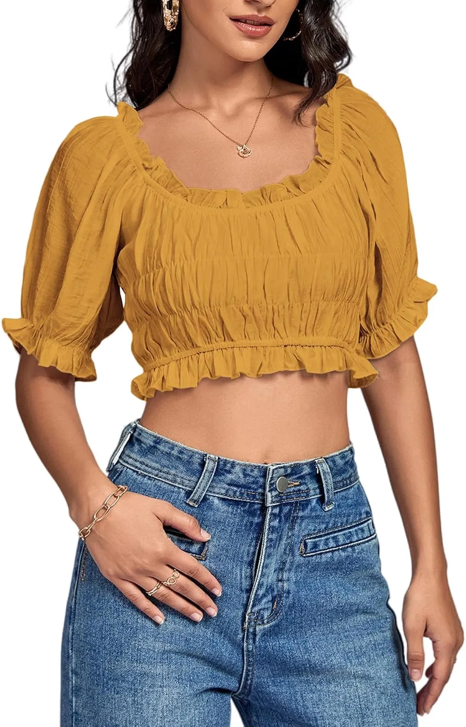 LYANER Women's Off Shoulder Ruffle Trim Ruched Short Sleeve Blouse Crop Top