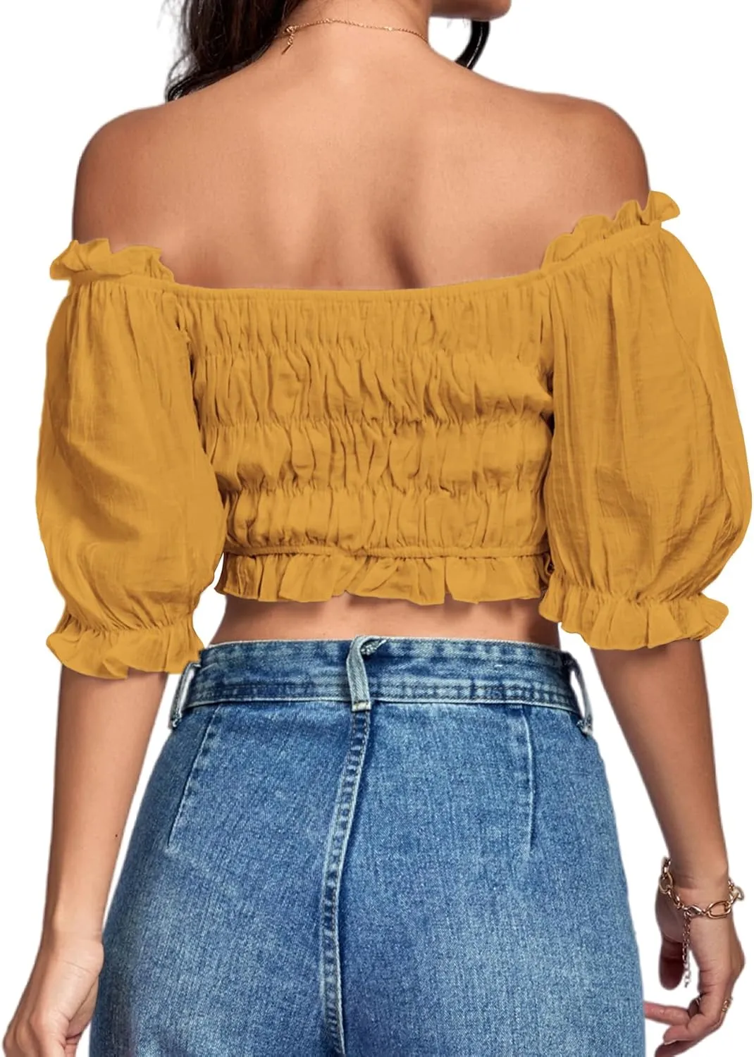 LYANER Women's Off Shoulder Ruffle Trim Ruched Short Sleeve Blouse Crop Top
