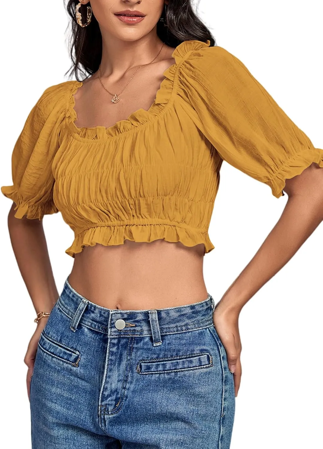 LYANER Women's Off Shoulder Ruffle Trim Ruched Short Sleeve Blouse Crop Top