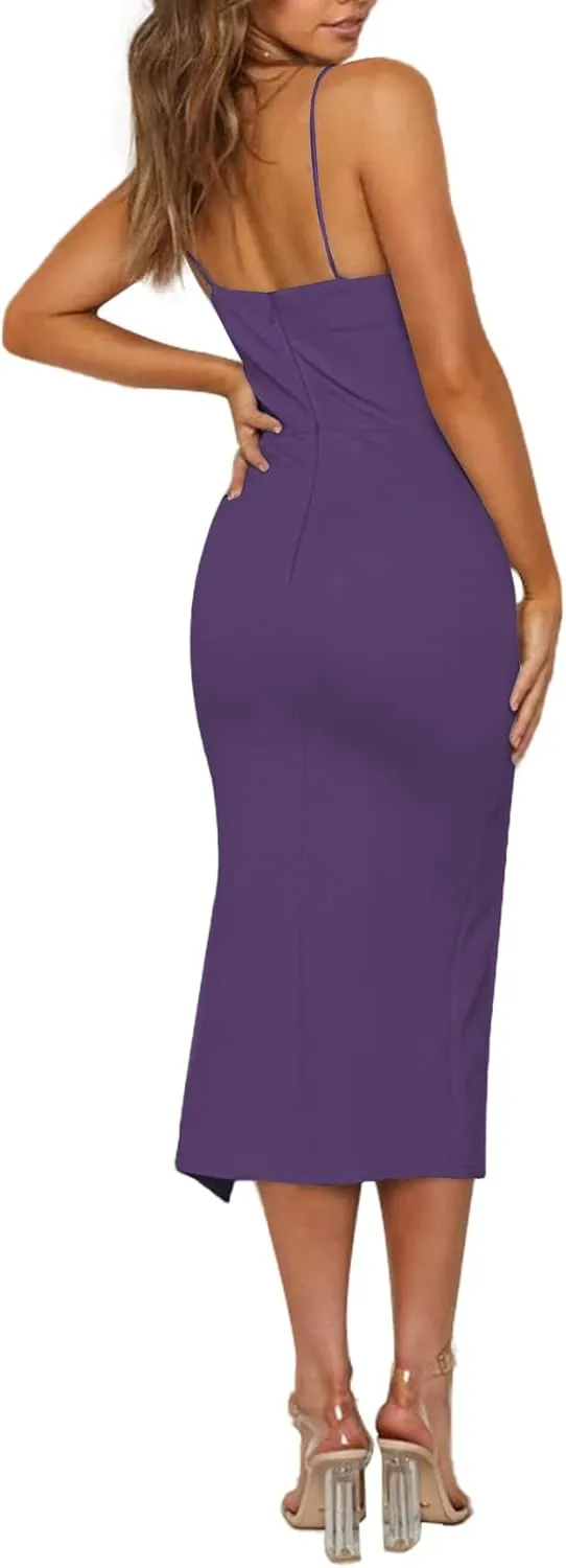 LYANER Women's Spaghetti Straps Split Slit Hem Sleeveless Bodycon Cocktail Party Midi Dress