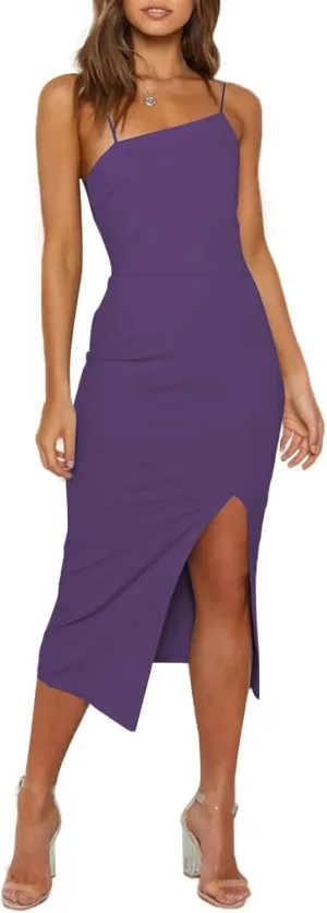 LYANER Women's Spaghetti Straps Split Slit Hem Sleeveless Bodycon Cocktail Party Midi Dress