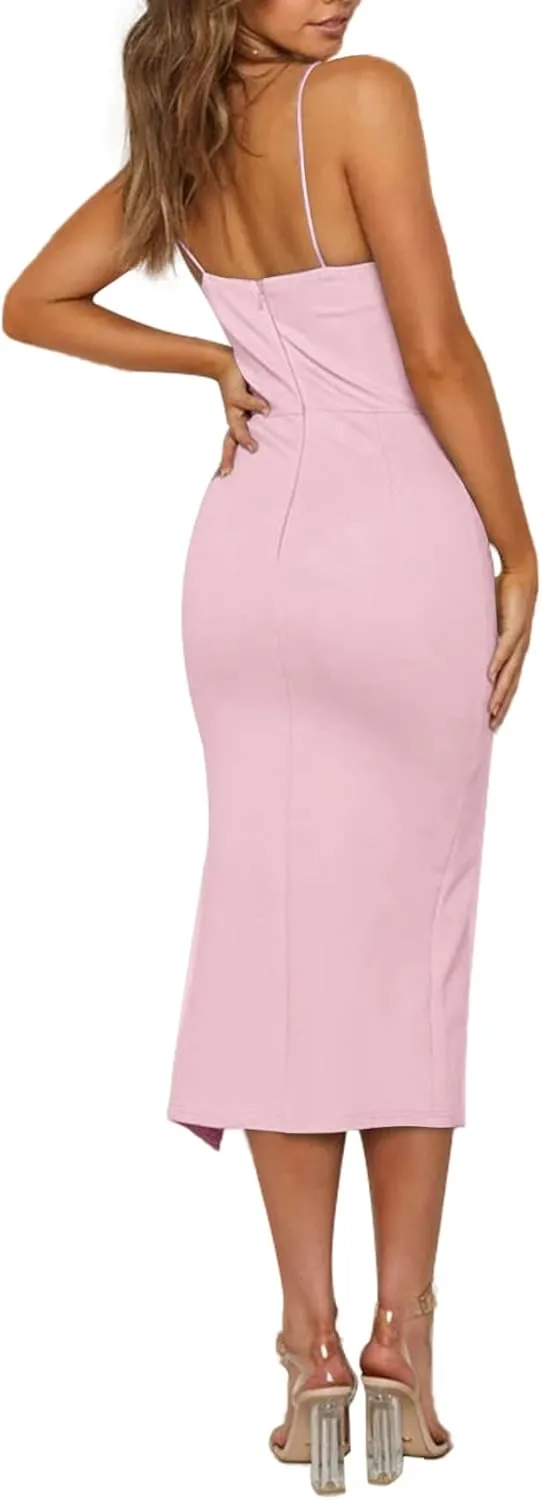 LYANER Women's Spaghetti Straps Split Slit Hem Sleeveless Bodycon Cocktail Party Midi Dress