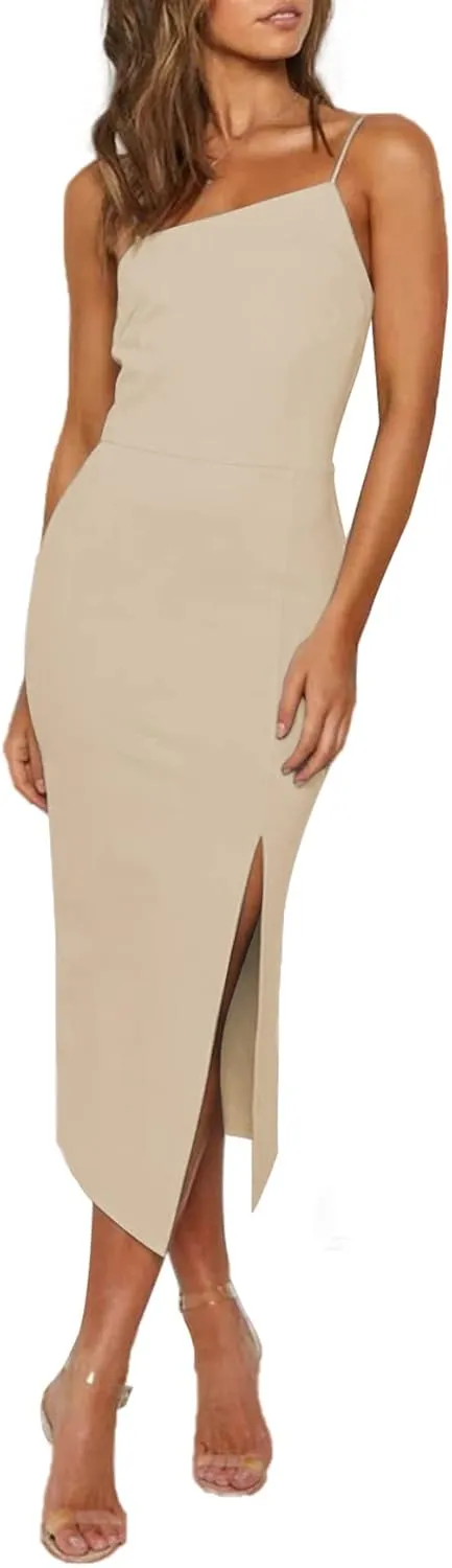 LYANER Women's Spaghetti Straps Split Slit Hem Sleeveless Bodycon Cocktail Party Midi Dress