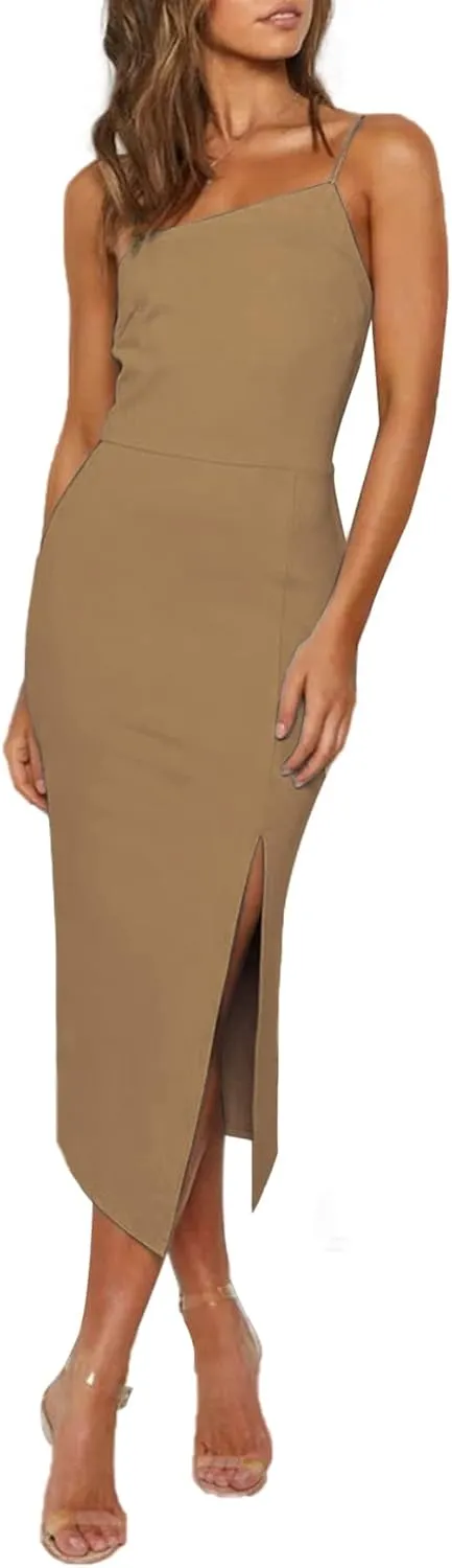 LYANER Women's Spaghetti Straps Split Slit Hem Sleeveless Bodycon Cocktail Party Midi Dress