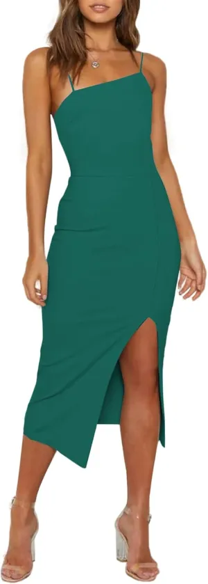 LYANER Women's Spaghetti Straps Split Slit Hem Sleeveless Bodycon Cocktail Party Midi Dress