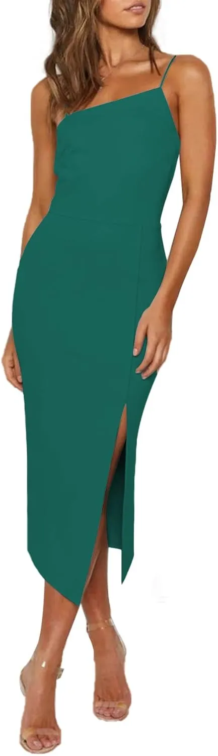 LYANER Women's Spaghetti Straps Split Slit Hem Sleeveless Bodycon Cocktail Party Midi Dress