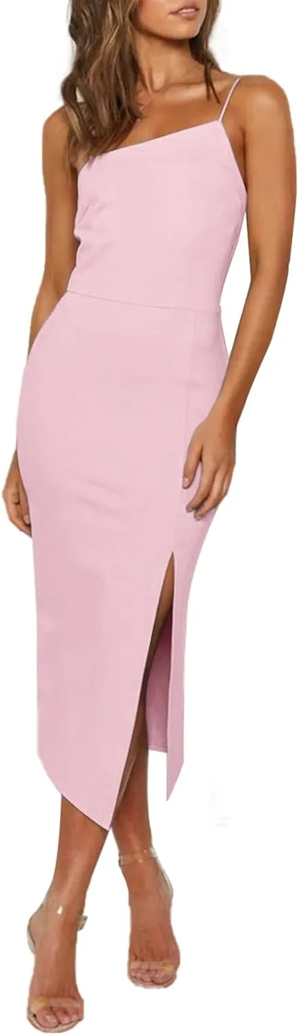 LYANER Women's Spaghetti Straps Split Slit Hem Sleeveless Bodycon Cocktail Party Midi Dress