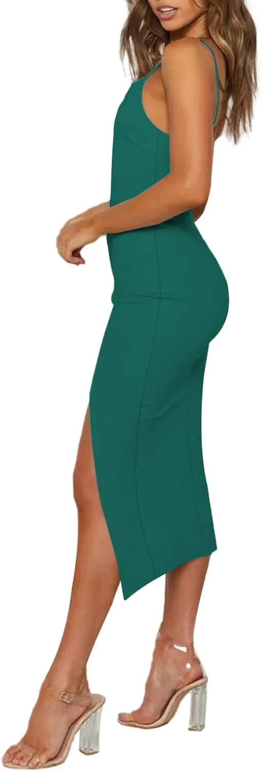 LYANER Women's Spaghetti Straps Split Slit Hem Sleeveless Bodycon Cocktail Party Midi Dress