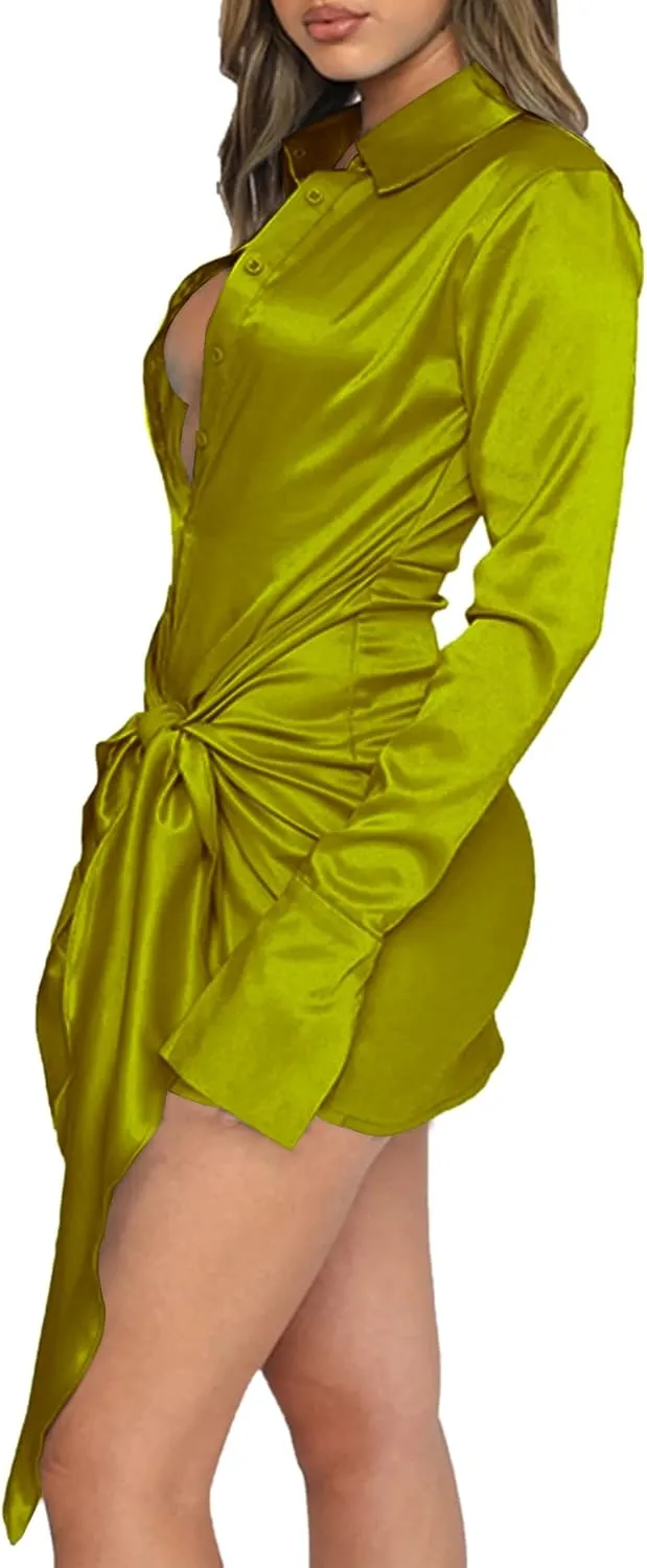LYANER Women's Stain Deep V Neck Button Down Tie Front Long Sleeve Mini Short Dress