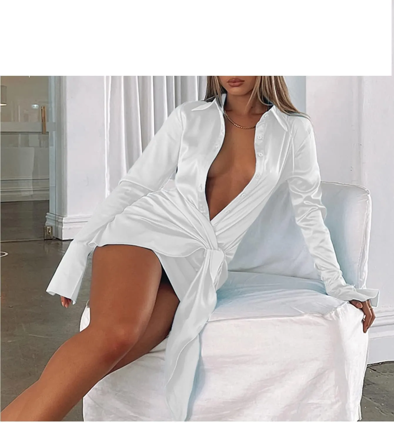 LYANER Women's Stain Deep V Neck Button Down Tie Front Long Sleeve Mini Short Dress