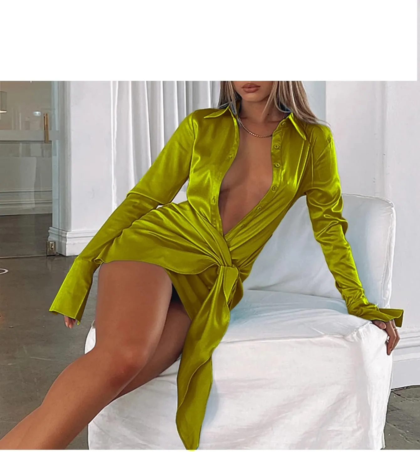 LYANER Women's Stain Deep V Neck Button Down Tie Front Long Sleeve Mini Short Dress