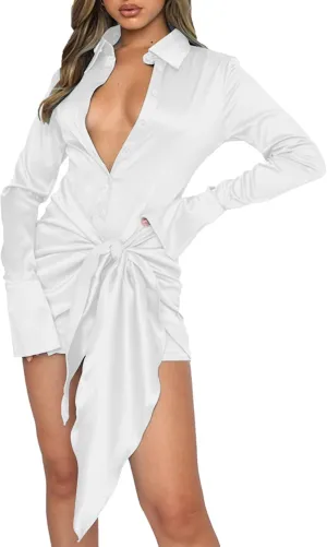 LYANER Women's Stain Deep V Neck Button Down Tie Front Long Sleeve Mini Short Dress