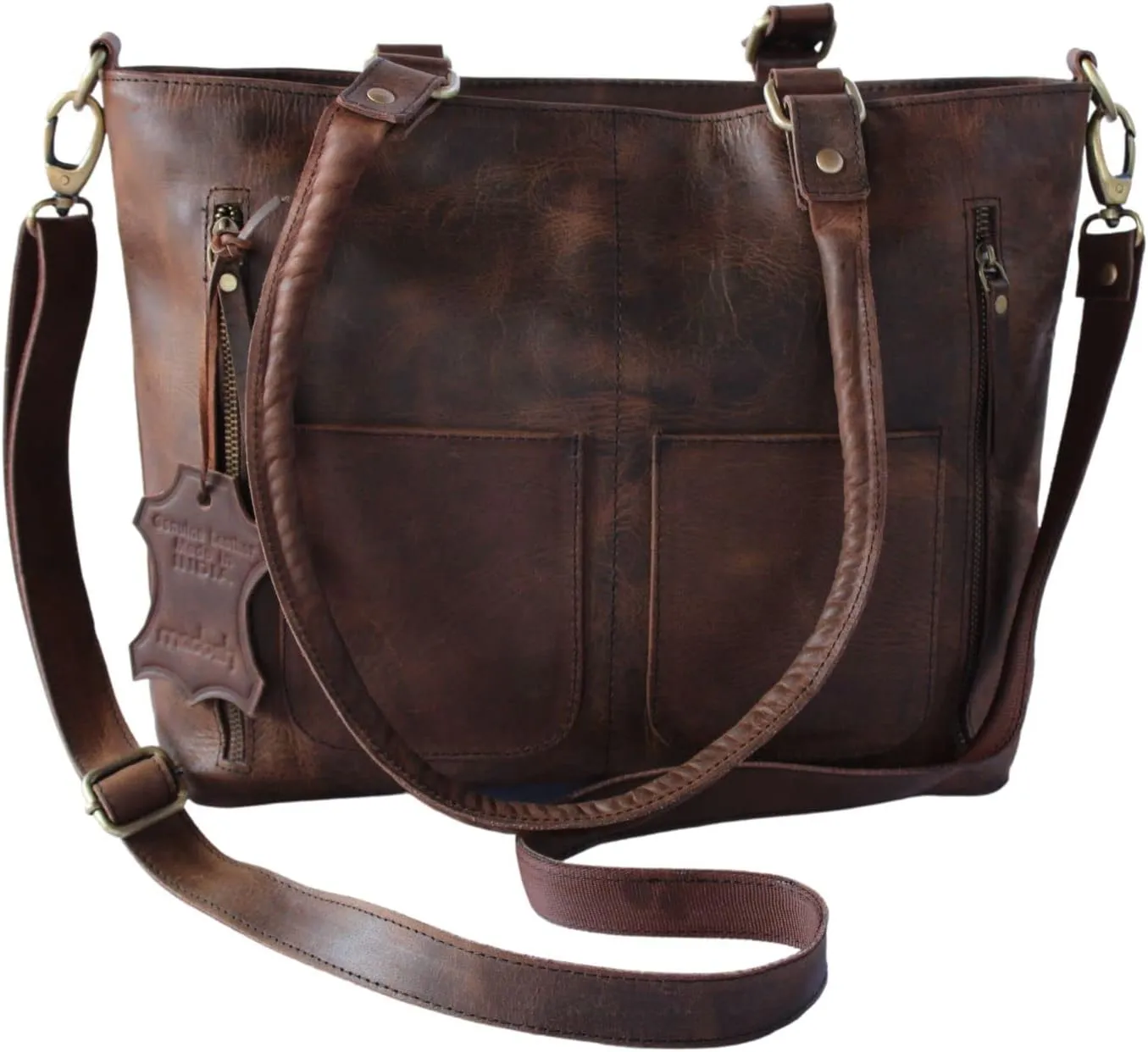 Madosh Genuine Leather Brown Tote Bag Messenger Bag Ladies Purse Crossbody Shoulder Satchel Handbag