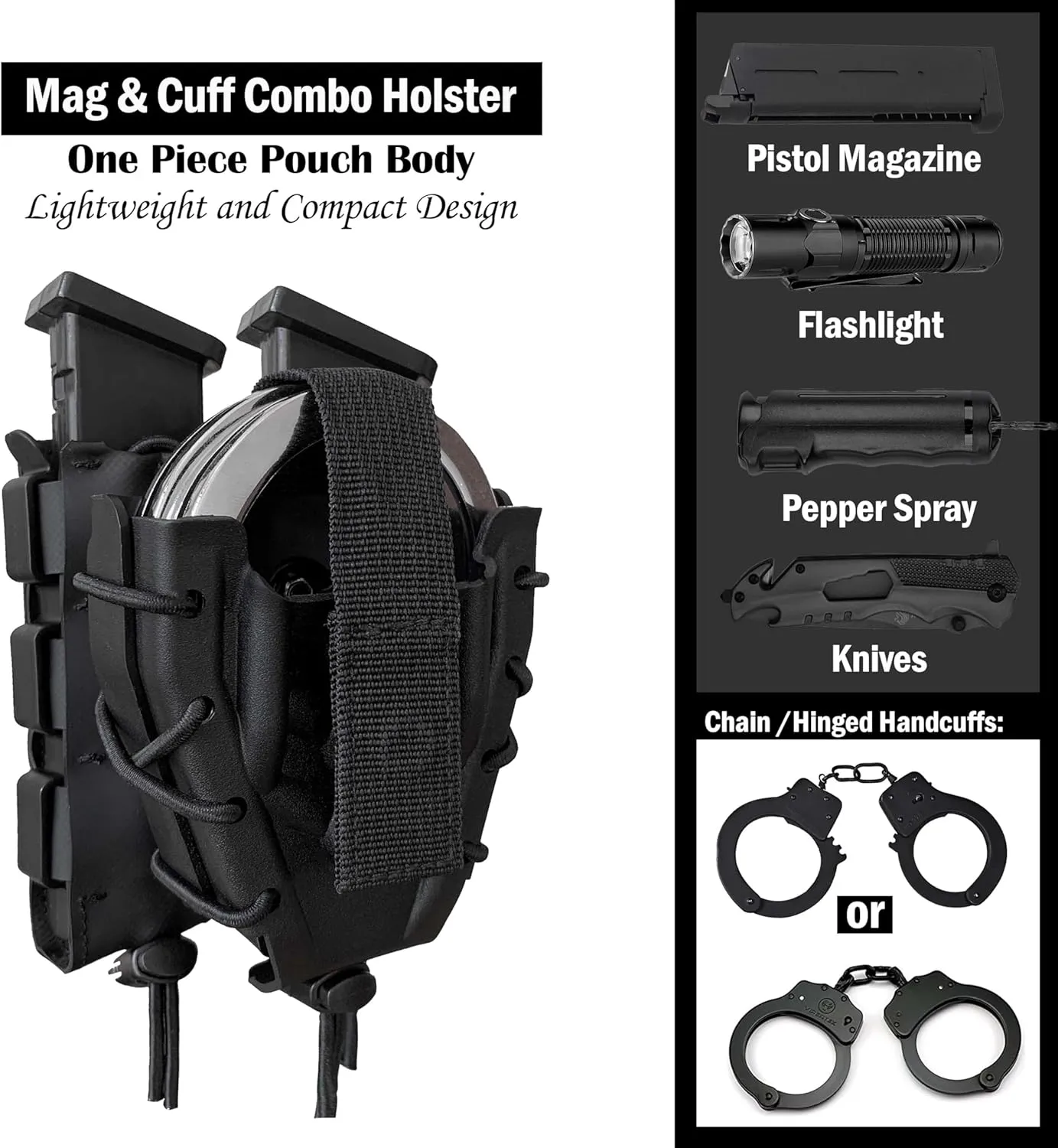Magazine Handcuff Combo Holster Mag & Cuff Pouch Fits Glock, 9mm Magazine and Chain Handcuffs Right and Left Hand Black