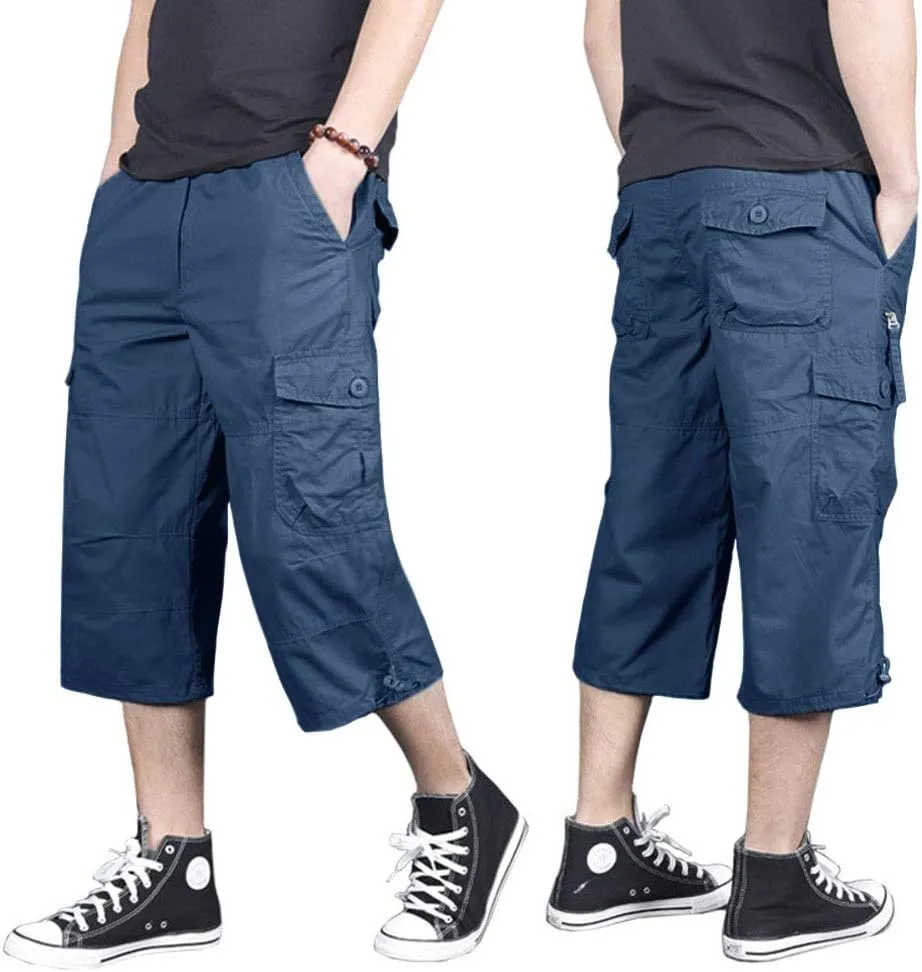 MAGNIVIT Men's Capri Long Elastic Cargo Shorts Below Knee Shorts 3/4 Cotton Cargo Casual Shorts with Multi-Pockets