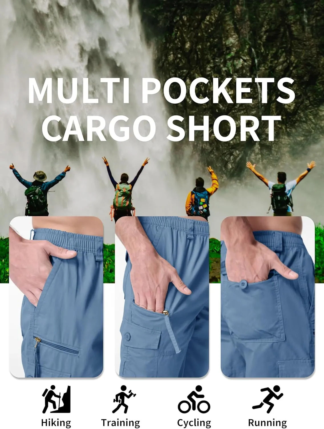 MAGNIVIT Men's Capri Long Elastic Cargo Shorts Below Knee Shorts 3/4 Cotton Cargo Casual Shorts with Multi-Pockets