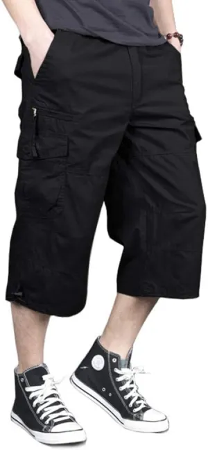 MAGNIVIT Men's Capri Long Elastic Cargo Shorts Below Knee Shorts 3/4 Cotton Cargo Casual Shorts with Multi-Pockets