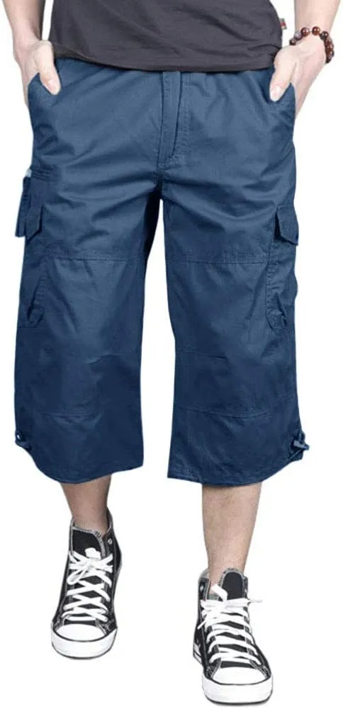 MAGNIVIT Men's Capri Long Elastic Cargo Shorts Below Knee Shorts 3/4 Cotton Cargo Casual Shorts with Multi-Pockets