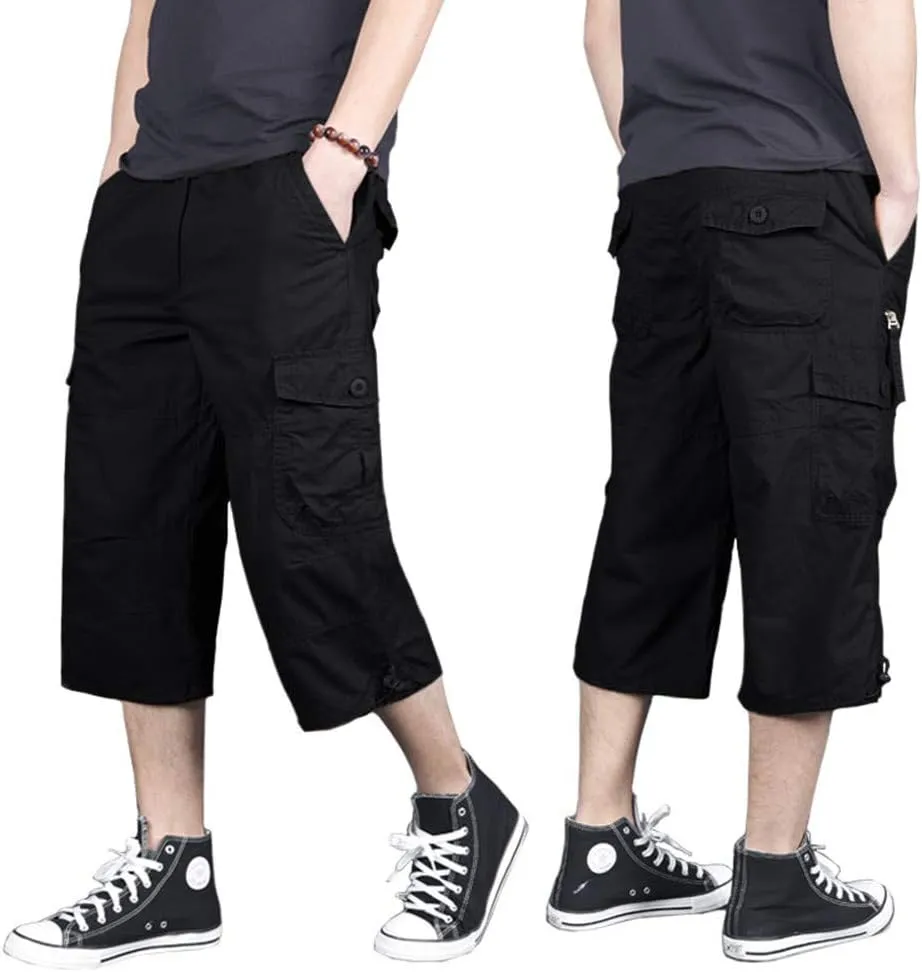 MAGNIVIT Men's Capri Long Elastic Cargo Shorts Below Knee Shorts 3/4 Cotton Cargo Casual Shorts with Multi-Pockets