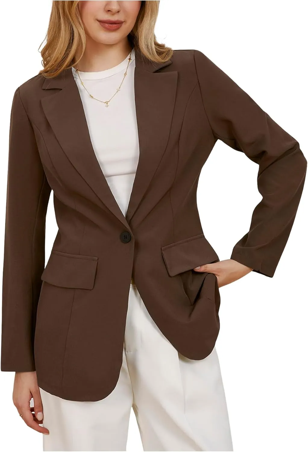 MakeMeChic Women's Lapel Neck Long Sleeve Blazer Suit Single Breasted Loose Fit Coat
