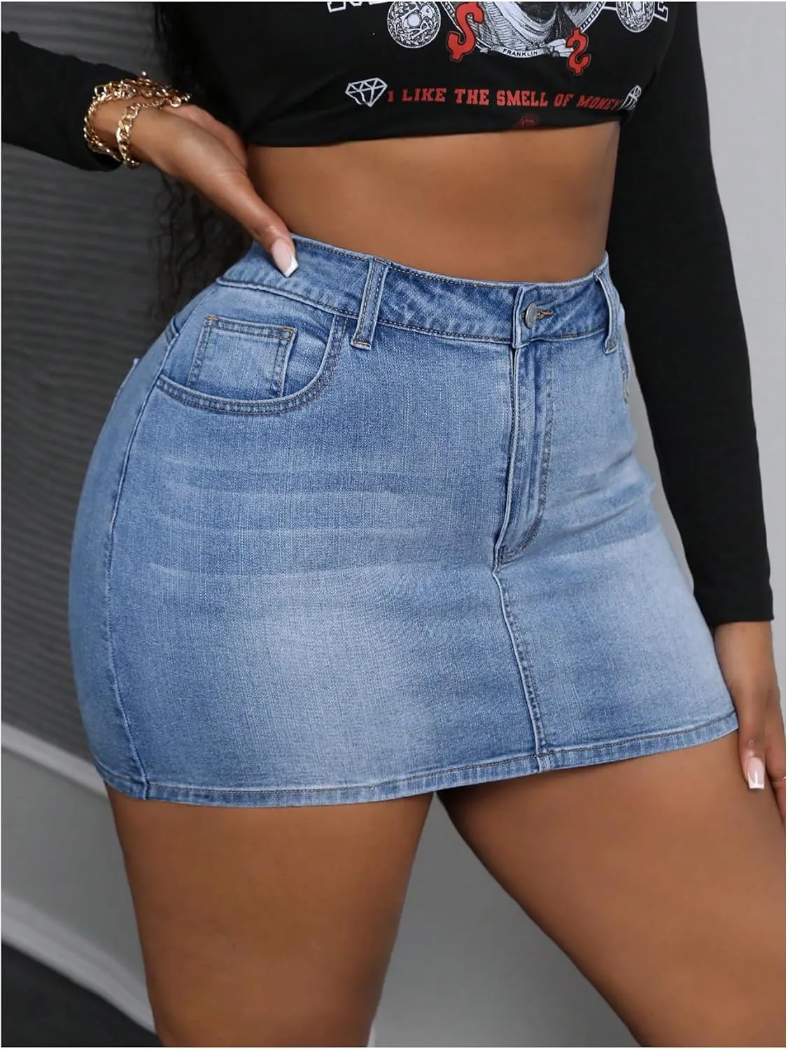 MakeMeChic Women's Plus Size Denim Skirt Mini High Waisted Zipper Bodycon Jean Skirt