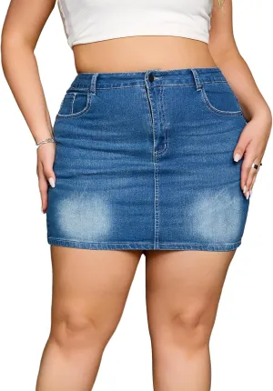 MakeMeChic Women's Plus Size Denim Skirt Mini High Waisted Zipper Bodycon Jean Skirt