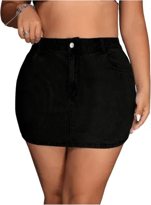 MakeMeChic Women's Plus Size Denim Skirt Mini High Waisted Zipper Bodycon Jean Skirt