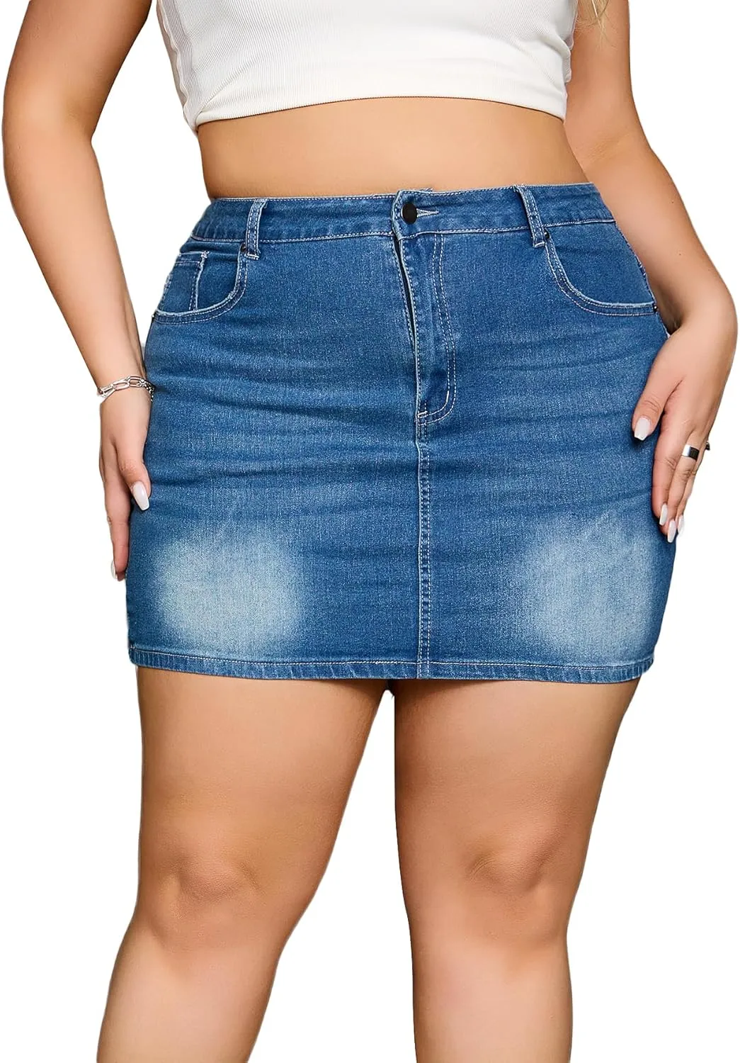 MakeMeChic Women's Plus Size Denim Skirt Mini High Waisted Zipper Bodycon Jean Skirt