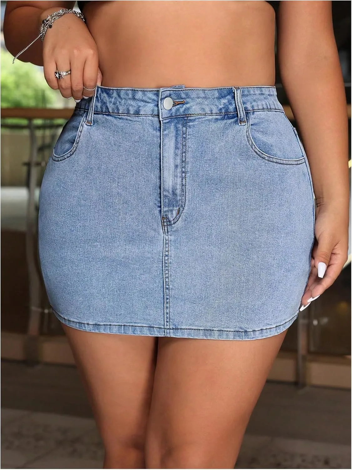 MakeMeChic Women's Plus Size Denim Skirt Mini High Waisted Zipper Bodycon Jean Skirt