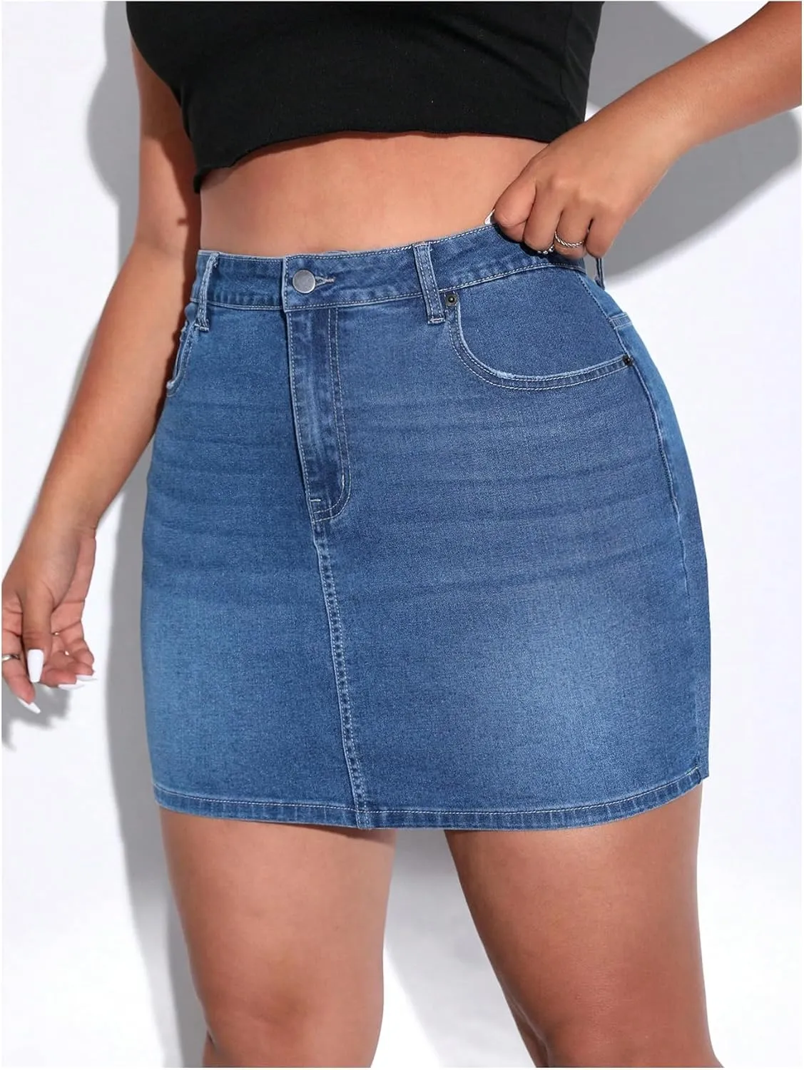 MakeMeChic Women's Plus Size Denim Skirt Mini High Waisted Zipper Bodycon Jean Skirt