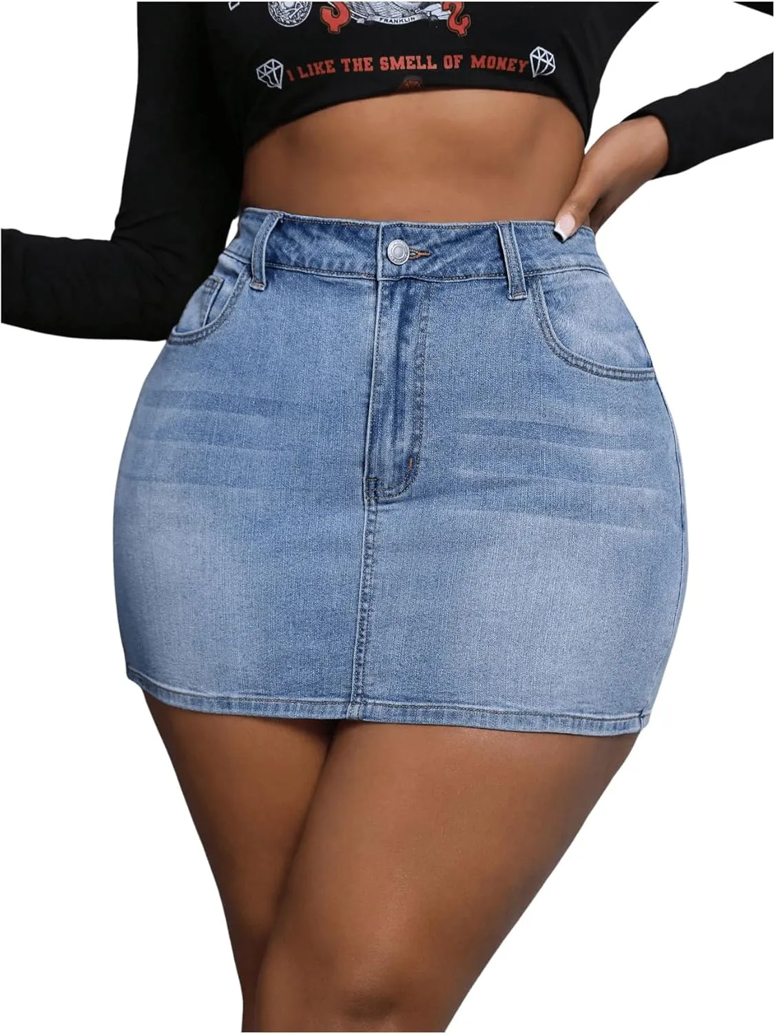 MakeMeChic Women's Plus Size Denim Skirt Mini High Waisted Zipper Bodycon Jean Skirt