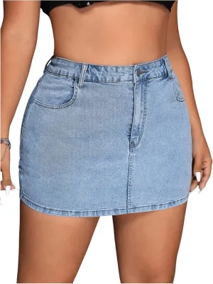 MakeMeChic Women's Plus Size Denim Skirt Mini High Waisted Zipper Bodycon Jean Skirt