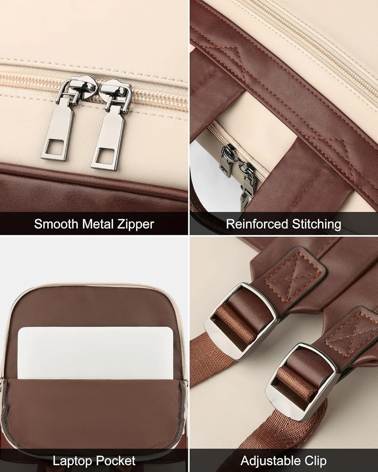 MASINTOR 15.6 inch Leather Laptop Backpack Purse for Women, Designer Travel and Work Bag with Laptop Compartment Beige Brown