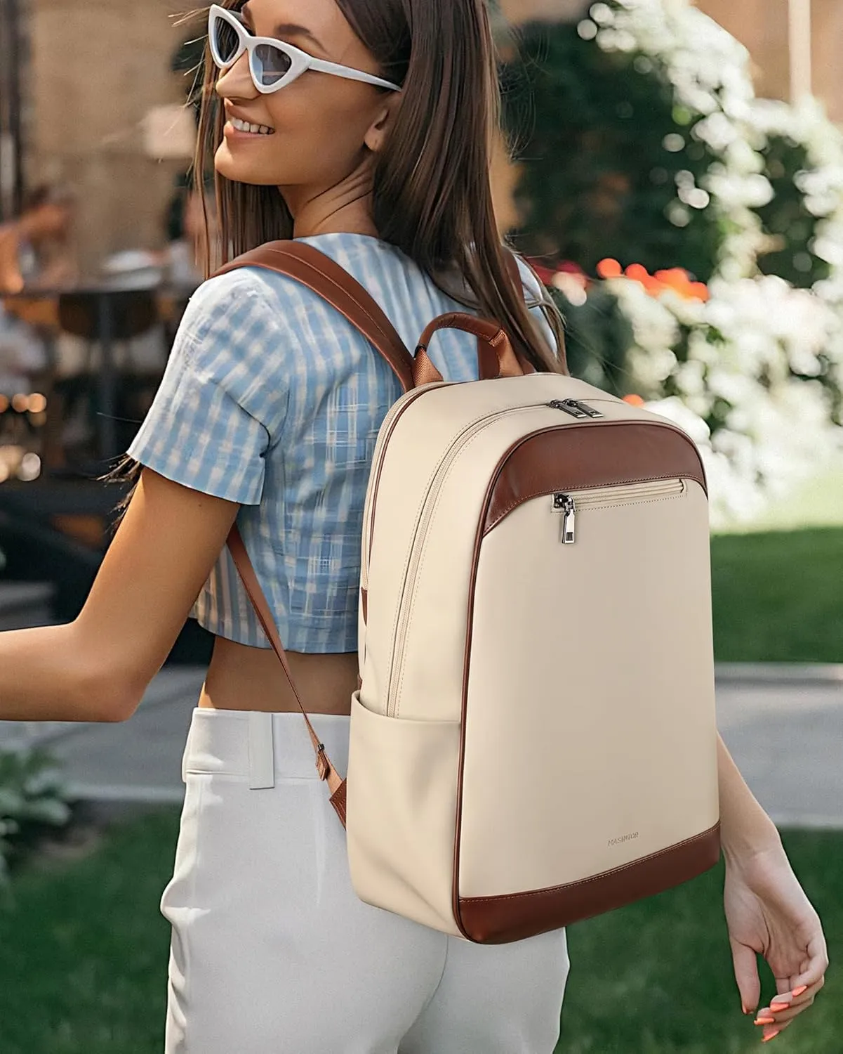 MASINTOR 15.6 inch Leather Laptop Backpack Purse for Women, Designer Travel and Work Bag with Laptop Compartment Beige Brown