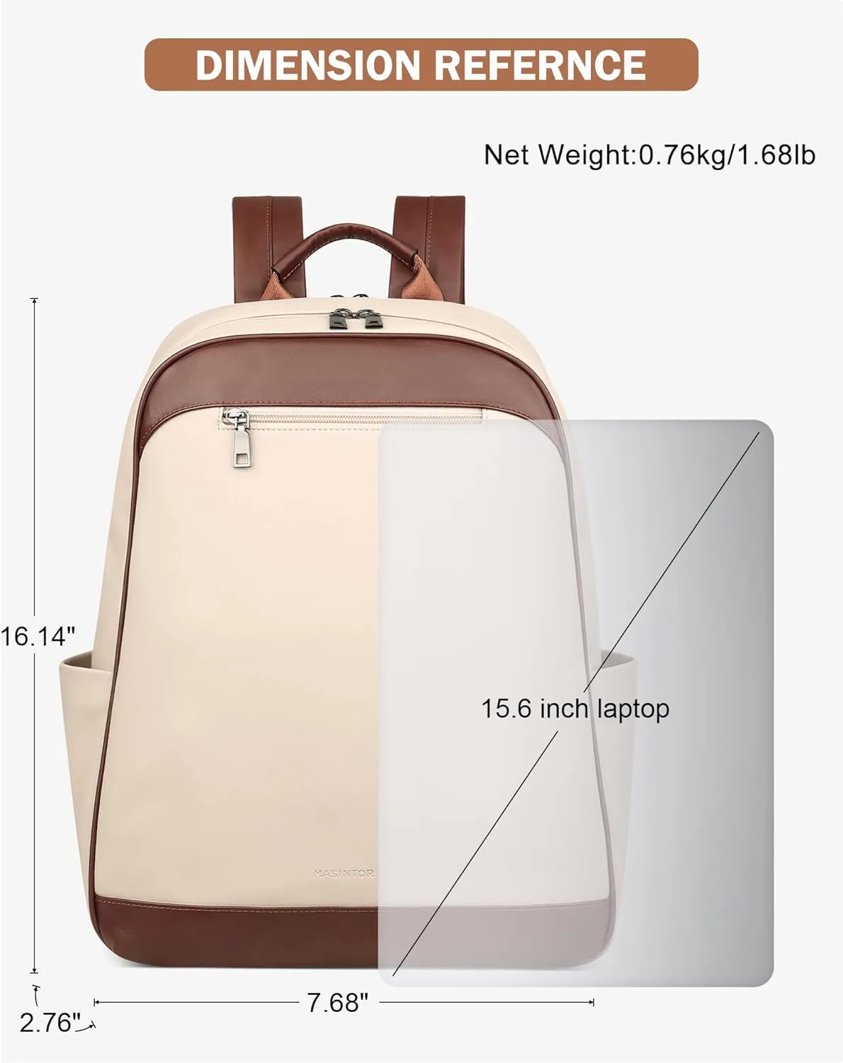 MASINTOR 15.6 inch Leather Laptop Backpack Purse for Women, Designer Travel and Work Bag with Laptop Compartment Beige Brown