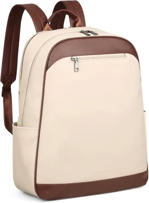 MASINTOR 15.6 inch Leather Laptop Backpack Purse for Women, Designer Travel and Work Bag with Laptop Compartment Beige Brown